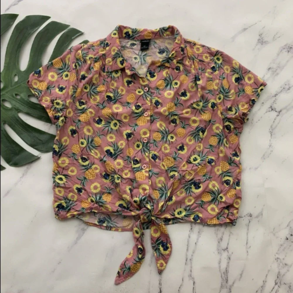 Disney Womens Lilo & Stitch Tie Front Crop Top Size L Pink Tropical Pineapple - Picture 1 of 3